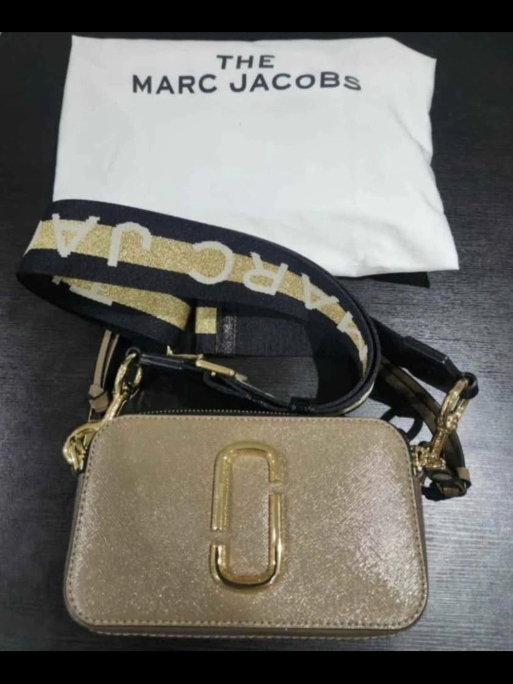 Marc Jacobs Metallic Gold Crossbody Camera Bag with Branded Strap